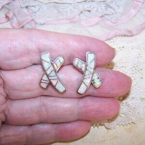 Vintage Native American Zuni Sterling Silver Lab Opal Inlay Earrings - X Design